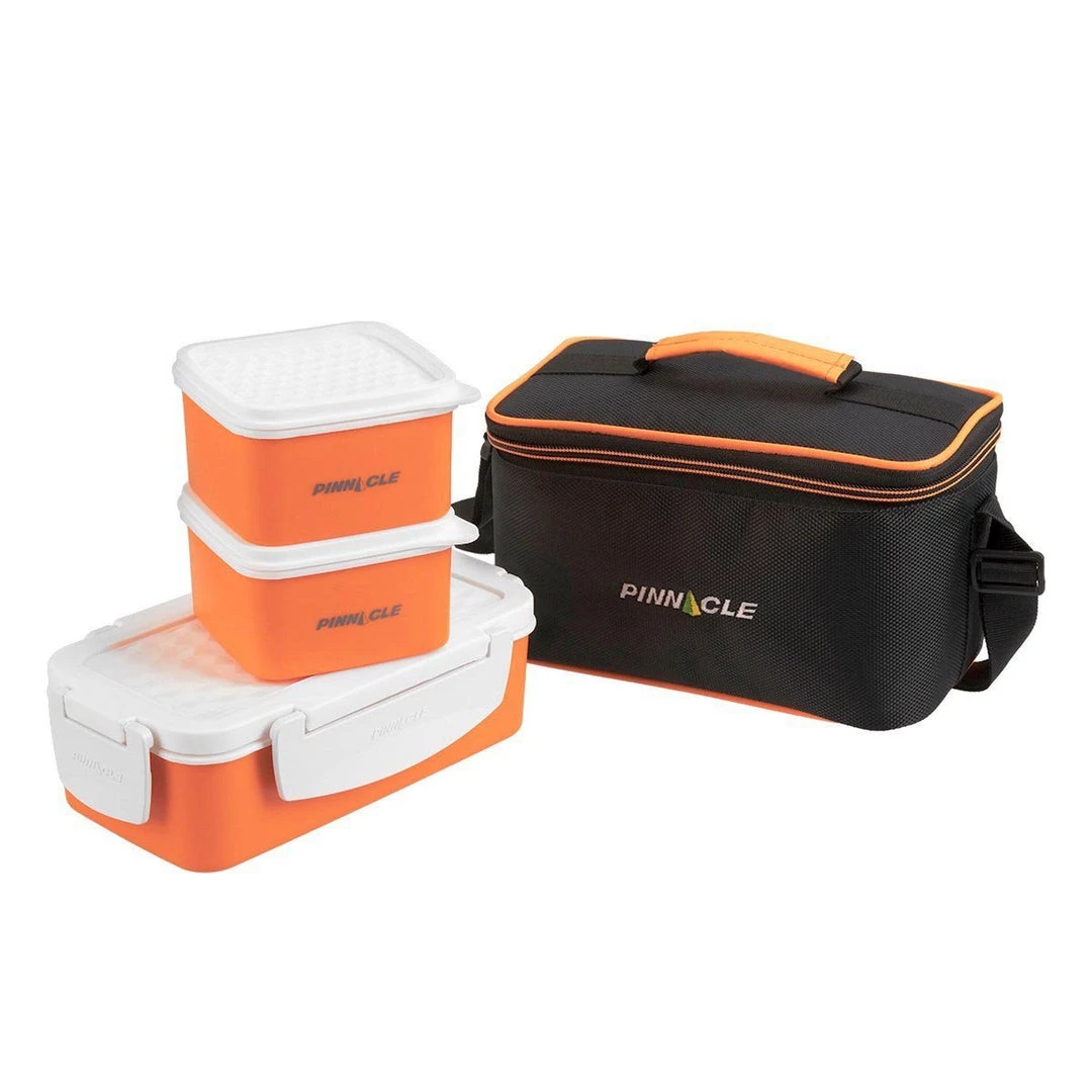 PINNACLE Camp Cookware Pyramid Set Of 3 Orange Plastic Lunch Containers | Insulated Bag | Food Storage Boxes - CLEARANCE 3 PINNACLE Camp Cookware Pyramid Set Of 3 Orange Plastic Lunch Containers | Insulated Bag | Food Storage Boxes - CLEARANCE