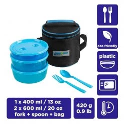 PINNACLE Pride Set Of 3 Blue Plastic Thermal Lunch Containers | Insulated Bag | Fork & Spoon | CLEARANCE