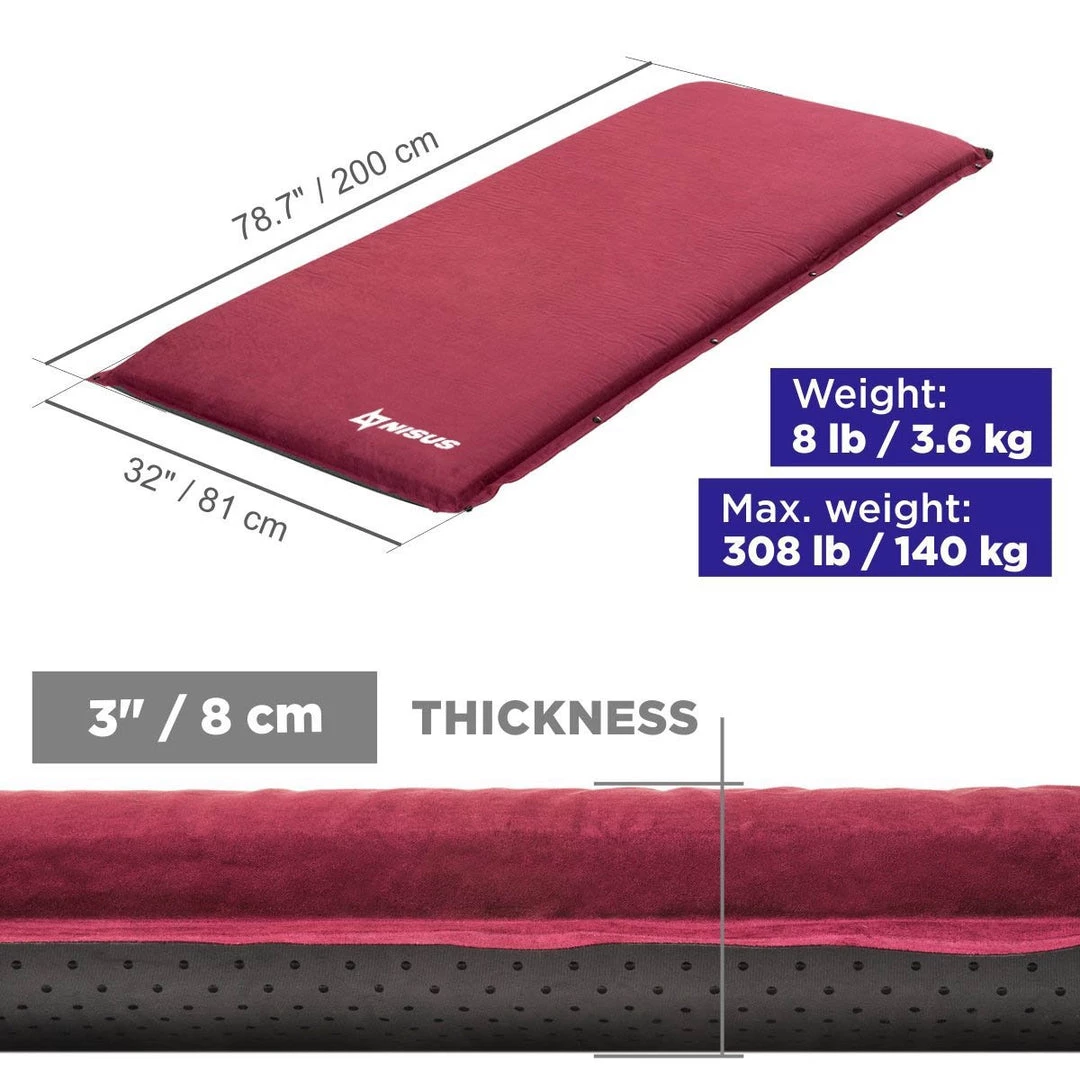 NISUS 3-inch Extra Thick XL Size Self Inflating Camping Pad, Dark Red 4 NISUS 3-inch Extra Thick XL Size Self Inflating Camping Pad, Dark Red