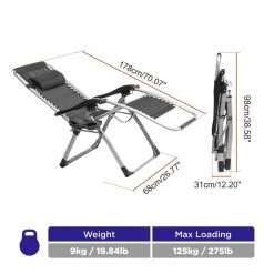 HELIOS Camp Chairs Zero Gravity Folding Lounge Armchair With Padded Pillow And Side Table, Set Of 2