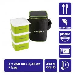 PINNACLE Paragone Compact Set Of 3 Lime Green Plastic Lunch Boxes | 8.5 Oz | Insulated Bag | CLEARANCE Camp Cookware