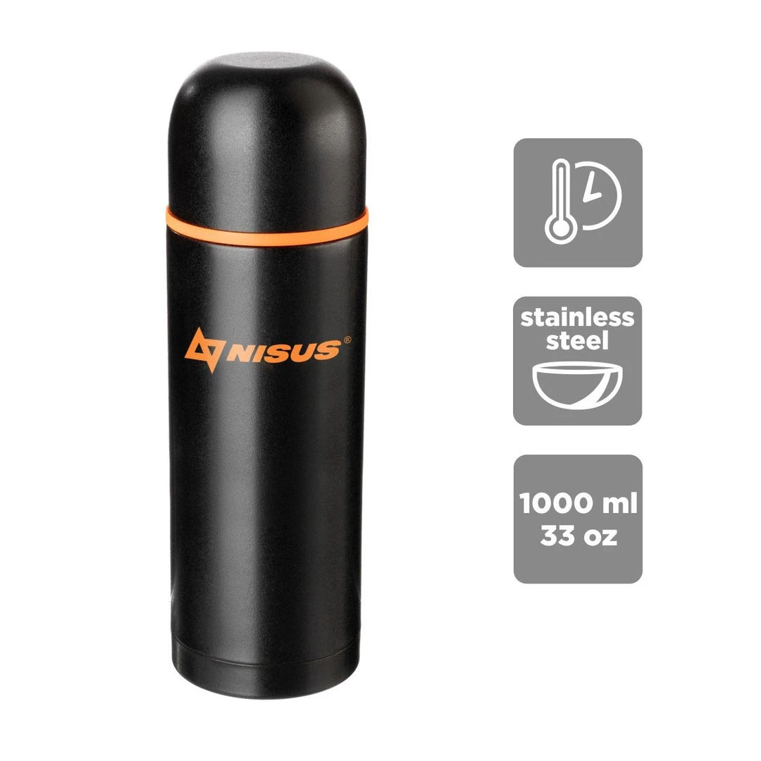 NISUS Water Flasks Compact Stainless Steel Vacuum Flask With 2 Lid Cups, 33 Oz, Black 4 NISUS Water Flasks Compact Stainless Steel Vacuum Flask With 2 Lid Cups, 33 Oz, Black