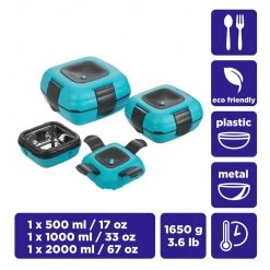 PINNACLE Paloma Set Of 3 Blue Plastic Lunch Containers | Stainless Steel Insulation | CLEARANCE