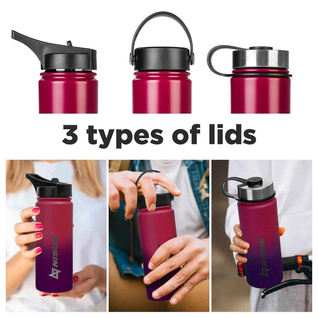 NISUS Water Bottles Stainless Steel Water Bottle With 3 Lid Types, 18 Oz, Double Colored | CLEARANCE 9 NISUS Water Bottles Stainless Steel Water Bottle With 3 Lid Types, 18 Oz, Double Colored | CLEARANCE