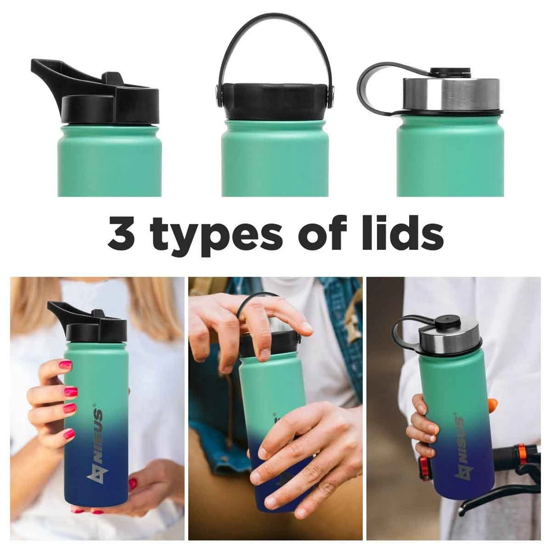 NISUS Water Bottles Stainless Steel Water Bottle With 3 Lid Types, 18 Oz, Double Colored | CLEARANCE 14 NISUS Water Bottles Stainless Steel Water Bottle With 3 Lid Types, 18 Oz, Double Colored | CLEARANCE