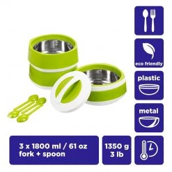 PINNACLE Phoenix Set Of 3 Green Stackable Plastic Lunch Boxes | 61 Oz | Stainless Steel Insulation | Food Storage Containers | CLEARANCE