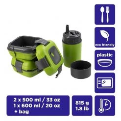PINNACLE Paloma Set Of Two Green Plastic Lunch Boxes | 20 Oz Bottle | Insulated Bag | CLEARANCE Camp Cookware
