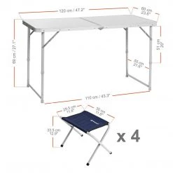 NISUS Folding Outdoor Camping Table | Lightweight Aluminum | Adjustable Height | Four Stools Included | 4 FT Length | CLEARANCE
